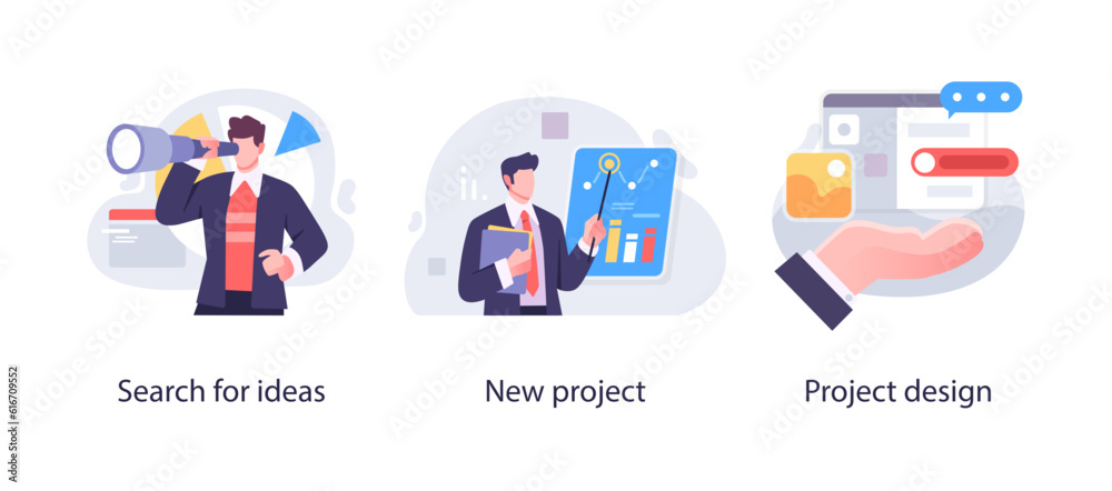 Business Marketing illustrations. Collection of scenes with men and women taking part in business activities. Trendy vector style