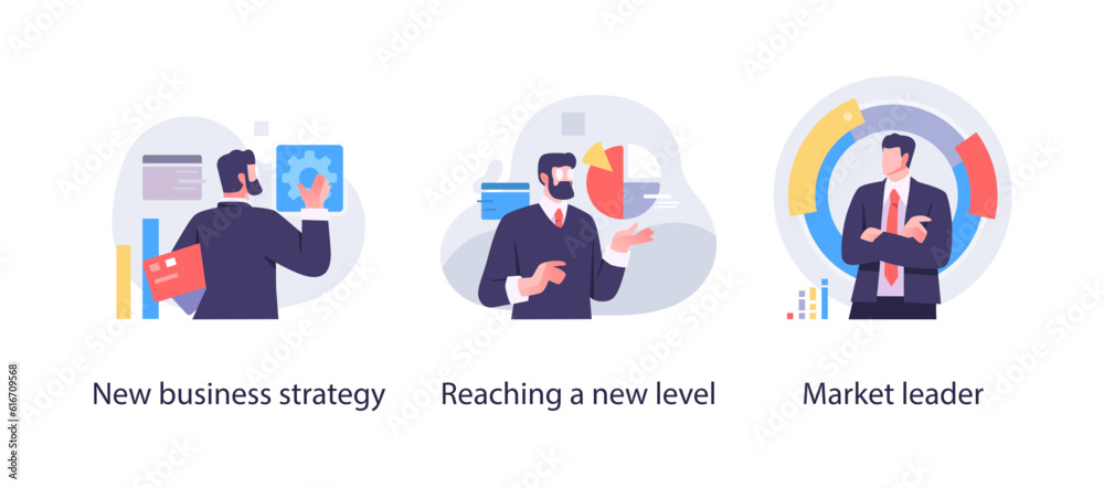 Business Marketing illustrations. Collection of scenes with men and women taking part in business activities. Trendy vector style