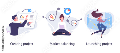 Business Marketing illustrations. Collection of scenes with men and women taking part in business activities. Trendy vector style