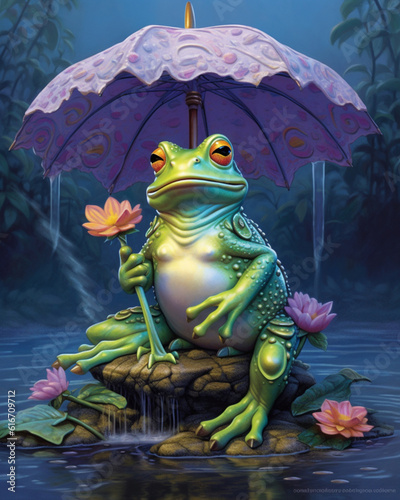 a frog holding an umbrella sitting on a lily