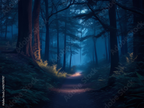a path through a dark forest with a light at the end.