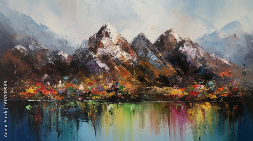 A mesmerizing abstract landscape painting of a serene lake surrounded by towering snow-capped mountains, their peaks piercing through the fluffy white clouds A mesmerizing abstract landscape painting of a serene lake surrounded by towering snow-capped mountains, their peaks piercing through the fluffy white clouds