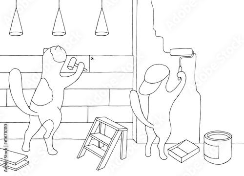 Cats make renovation in the room graphic black white sketch illustration vector