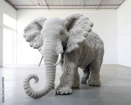 Large Gray Crochet Elephant Crocheted or Knitted Giant Life-Size Animal, Photorealistic AI-Generated Illustration photo