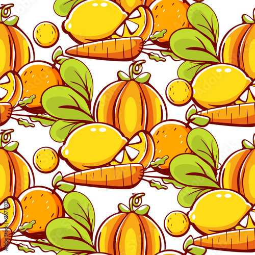 Vector pattern in cartoon style with carrots, pumpkins and lemon.