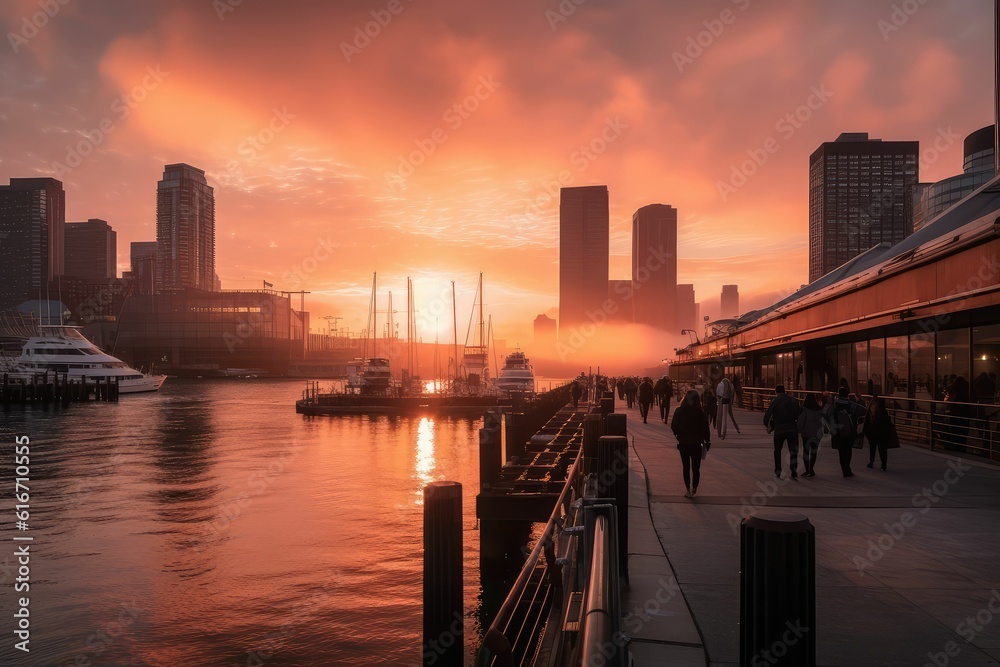 Fototapeta premium panoramic sunset skyline with city and river view