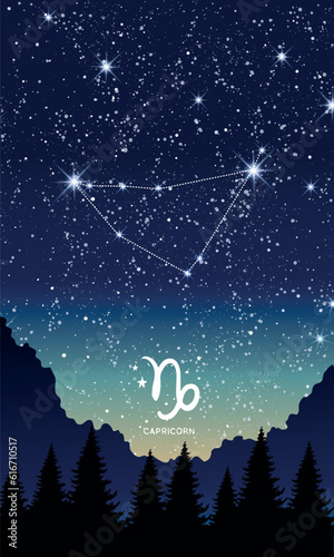 Capricorn zodiac sign in the night sky, horoscope constellations realistic landscape, astronomical science, astrology card. Vintage Vector illustration.