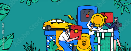 Vector internet operation hand-drawn illustration of people getting discounts for car refueling 