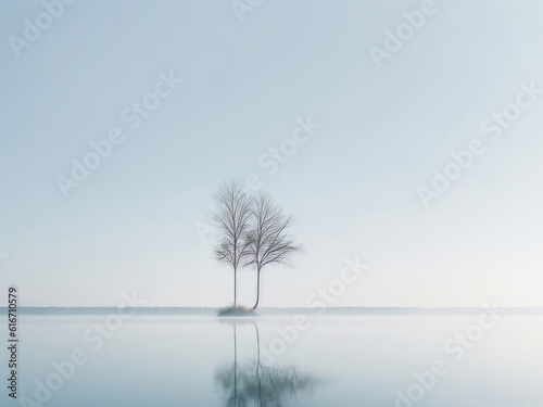 a lone tree in the middle of a lake.