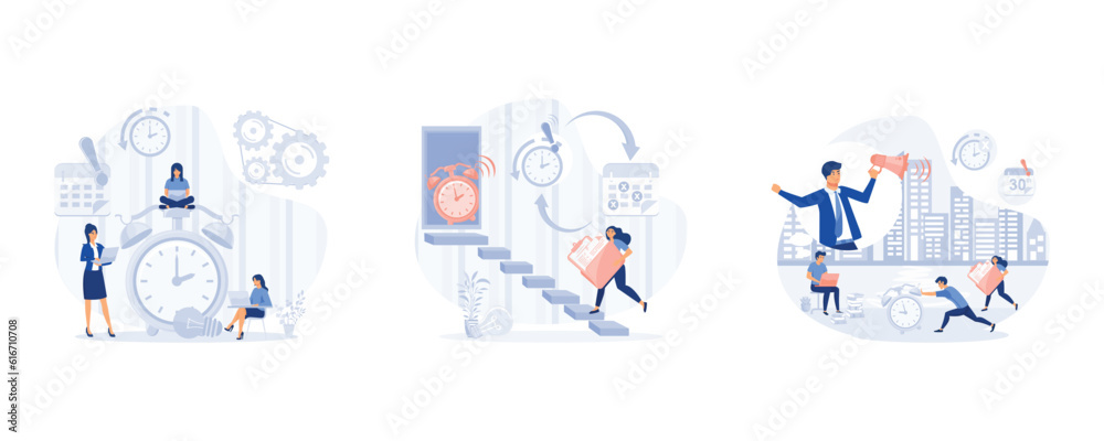 Close up Alarm Clock, Businesswoman running in hurry to chase deadline time while carrying paperwork, Time management, manager pressure at workplace, set flat modern vector illustration Close up Alarm Clock, Businesswoman running in hurry to chase deadline time while carrying paperwork, Time management, manager pressure at workplace, set flat modern vector illustration