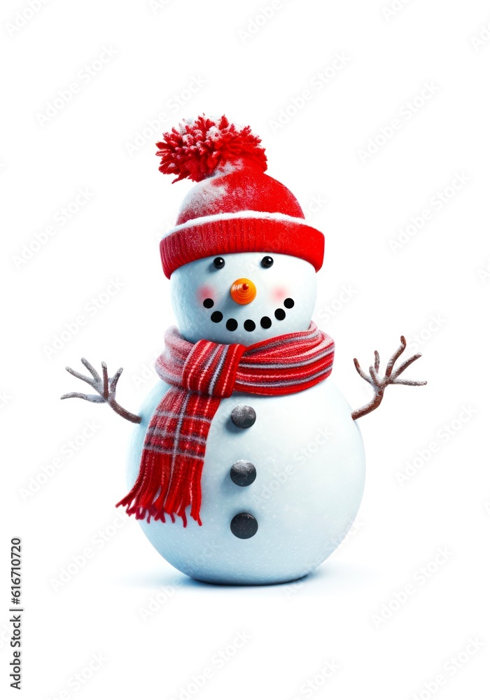 Cute snowman with red hat and scarf on white background in cartoon style. Generative AI.