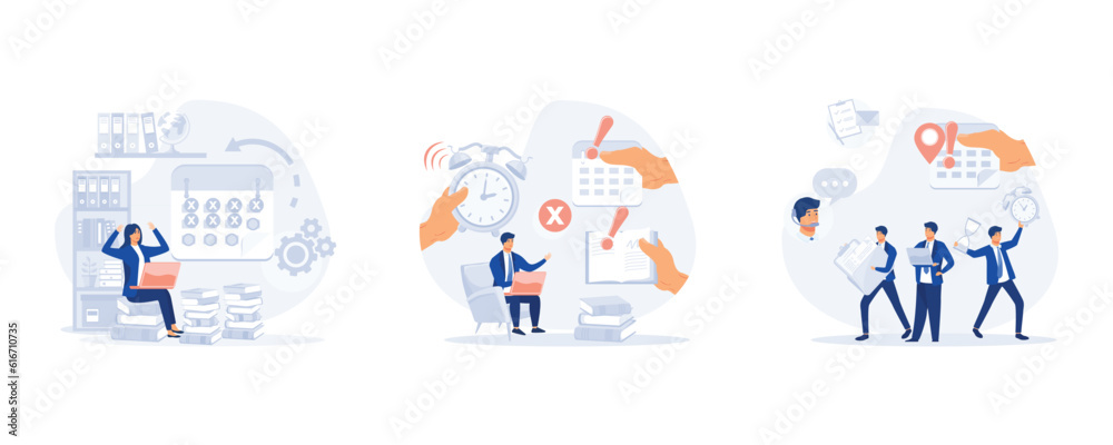 Fototapeta premium Overworked businesswoman, Man overwork in office, A Tired Man Missing Deadline, set flat modern vector illustration