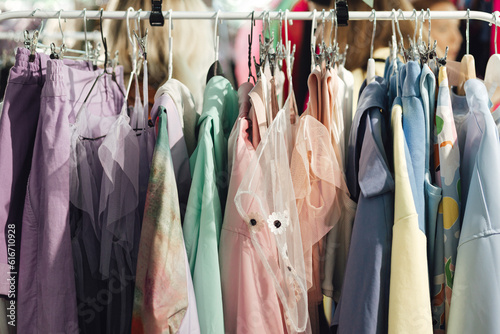 Choice of fashion clothes of different colors on hangers in a retail shop. Reduce Reuse Recycle concept. Horizontal photo