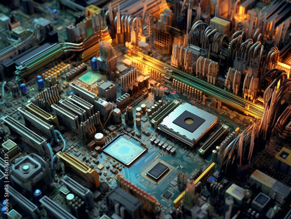 A Close-up Glimpse into the Intricate World of a Computer Motherboard made with generative AI - Technology, detailed A Close-up Glimpse into the Intricate World of a Computer Motherboard made with generative AI - Technology, detailed