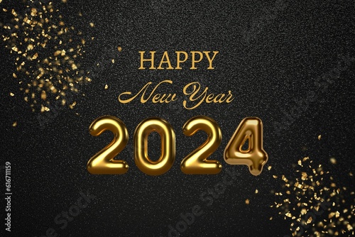 Happy new year 2024 with gold text effect banner design and glod dropping lights new year 2024 black texture background. 