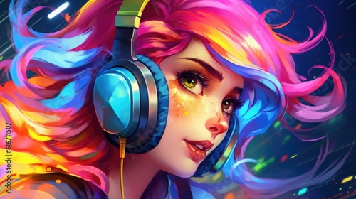 Anime gamer girl with headphones and colorful funky hairs