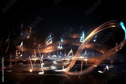 Abstract Music Background with Glowing Lights and Musical Symbols. Generative AI illustrations