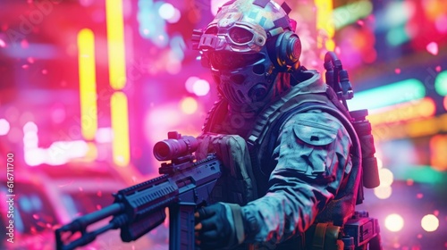Soldier Holding a Rifle in the Dark, Against a Neon Background, Embracing the Essence of Technology and Vigilance