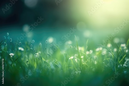 The picture has a few light green leaves,Pale green grass