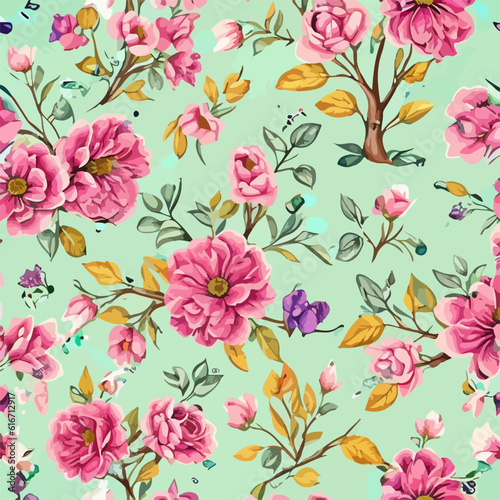 Seamless patterns of flowers and trees and , repeating patterns design, fabric art, flat illustration, highly detailed clean, vector image, photorealistic masterpiece, professional photography, 