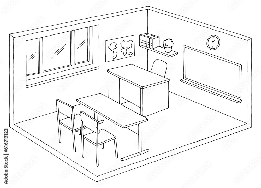 Classroom graphic black white interior isolated sketch illustration vector 