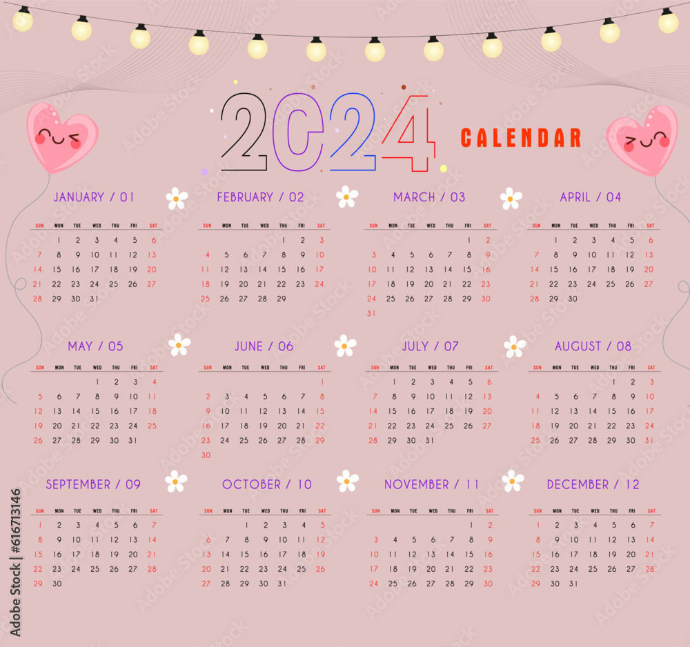 Modern New Yearly Calendar 2024. Single Calendar 2024 template vector.
