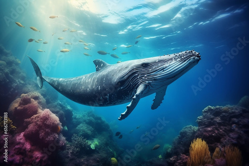 photo of a beautiful blue whale behind is colorful coral t