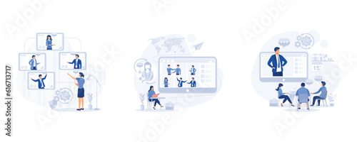 Video conference, video conference remote working on laptop computer, Online meeting with CEO, manager or director, set flat modern vector illustration