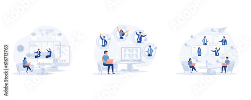 Woman at desktop chatting with friends online, Online Discussion and Video Conference Concept, team thinking and brainstorming, set flat modern vector illustration