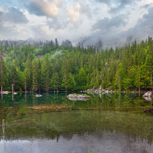 Fototapeta Naklejka Na Ścianę i Meble -  Small mountain forest lake in French Alps (misty summer morning).