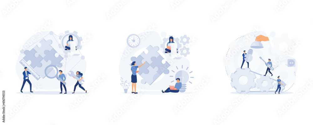 Fototapeta premium Team or colleagues work together on creative project, teamwork office computer icon, brainstorming and teamwork concept, set flat modern vector illustration