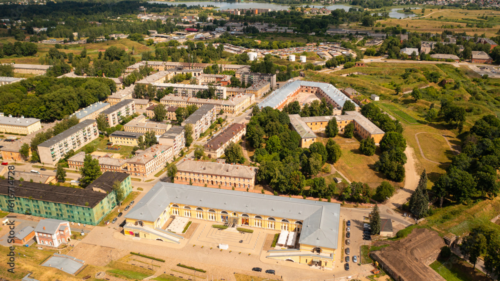 Aerial photo from drone to Daugavpils fortress and Daugavpils Mark Rothko Art Centre on a beautiful sunny summer day. Daugavpils, Latvia, Latgale, Europe