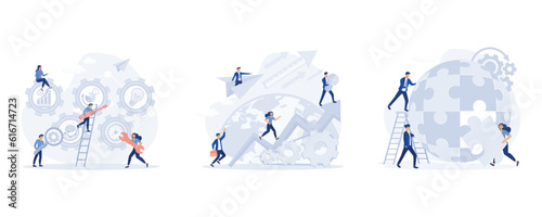 Man and woman business organization with circle gear, People challenge teamwork up, Coworking and problem solving concept, set flat modern vector illustration