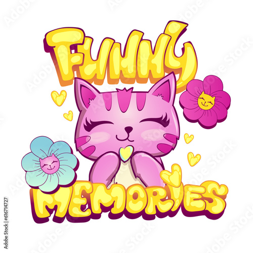 Funny memories. 70s store poster with flowers, lettering, cat cartoon illustration. Smiling kitty face. Cute cartoon dandelion character with cats faces, heart eyes, hearts. Calligraphy print pet