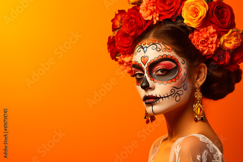 Attractive woman with day of the dead makeup on orange background Fototapet