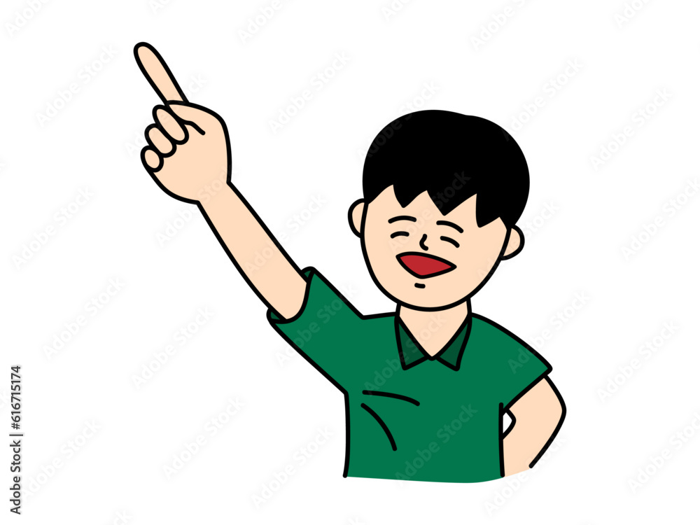 右手の人差し指で上方を指さす緑色の半袖服を着た笑顔の少年のイラスト 右手の人差し指で上方を指さす緑色の半袖服を着た笑顔の少年のイラスト