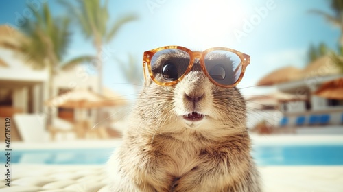 Cute little squirrels, some wearing hats and scarves and some wearing glasses, are created by artificial intelligence in the background of the forest and the beach.