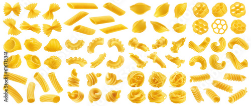 set of uncooked Italian Pasta, isolated on white background, full depth of field photo