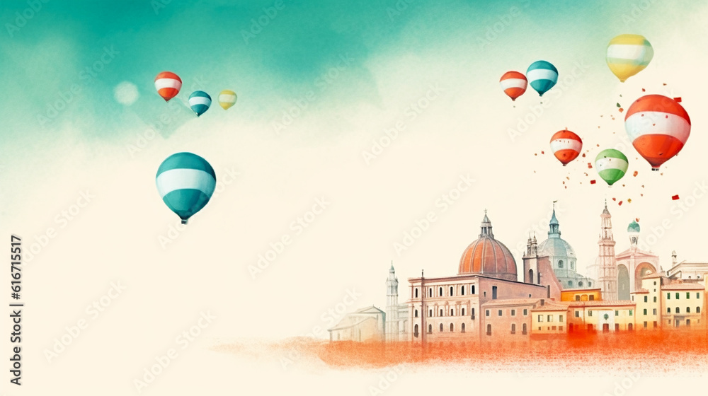 Stylized watercolor drawing with outlines of historical buildings, churches and balloons. Space for text. Template for postcard, banner, advertisement. Generated by AI
