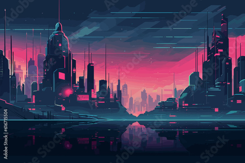 Futuristic vaporwave cyberpunk vector art with a city skyline at night with purple hues.