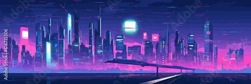 Futuristic vaporwave cyberpunk vector art with a city skyline at night with purple hues.
