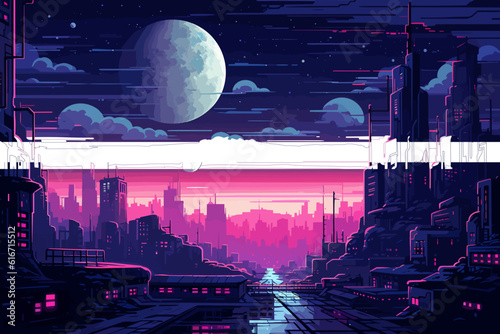 Futuristic vaporwave cyberpunk vector art with a city skyline at night with purple hues.