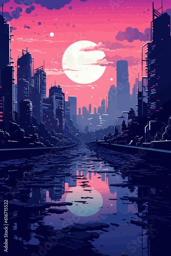 Futuristic vaporwave cyberpunk vector art with a city skyline at night with purple hues.