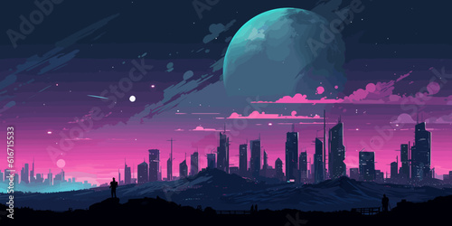 Futuristic vaporwave cyberpunk vector art with a city skyline at night with purple hues.