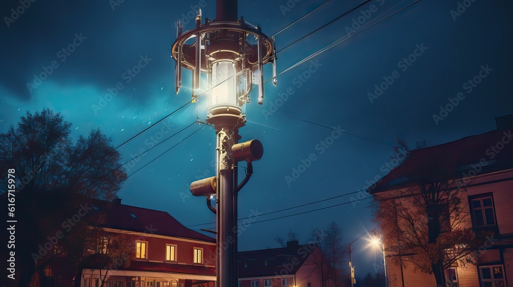 A street lamp post with a public lighting fixture and an attached 5G