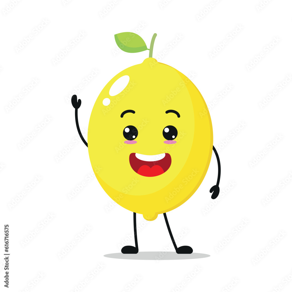 Cute happy lemon character. Funny smile and greeting lemon cartoon emoticon in flat style. Fruit emoji vector illustration Cute happy lemon character. Funny smile and greeting lemon cartoon emoticon in flat style. Fruit emoji vector illustration