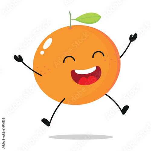 Cute happy orange character. Funny celebration jump orange cartoon emoticon in flat style. Fruit emoji vector illustration
