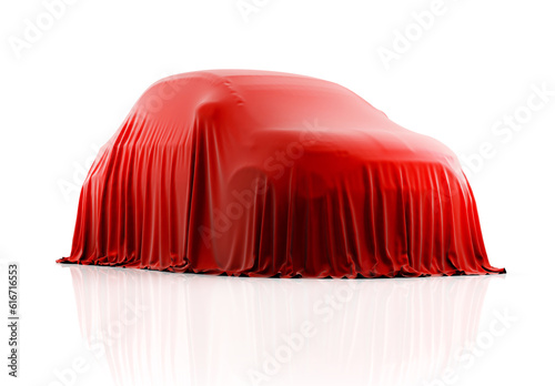 Compact car covered  with red cloth on a white background. 3D illustration