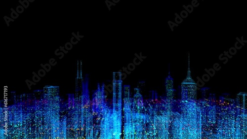 City skyscrapers from bright and glowing neon particles and blue lights