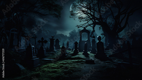Haunted Christian Cross Gothic Cemetery: Dramatic Skeleton Scene for Halloween. Generative AI